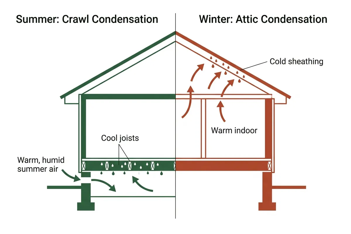 Diagram: humid salt air condensing on cool crawl space framing in a coastal Wilmington home